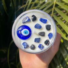 Load image into Gallery viewer, Evil Eye Lapis Lazuli &amp; Black Obsidian Crystal Candle
